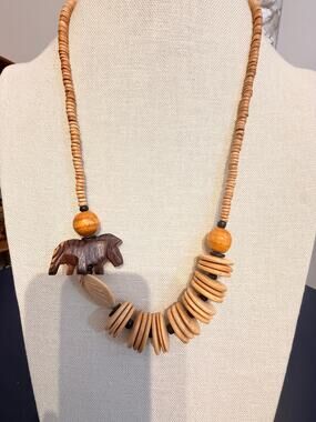 Vintage 25” Carved Zebra Wood Bead Necklace